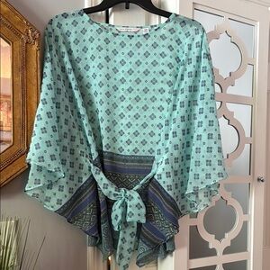 Isaac Mizrahi Teal/Green/Purple/Lavender Asymmetrical Tie Front Tunic 3/4 Sleeve